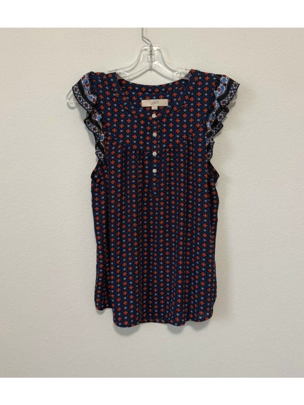 LOFT Ruffled Short Sleeve Henley Multicolor Geo Career Blouse Women's Size M